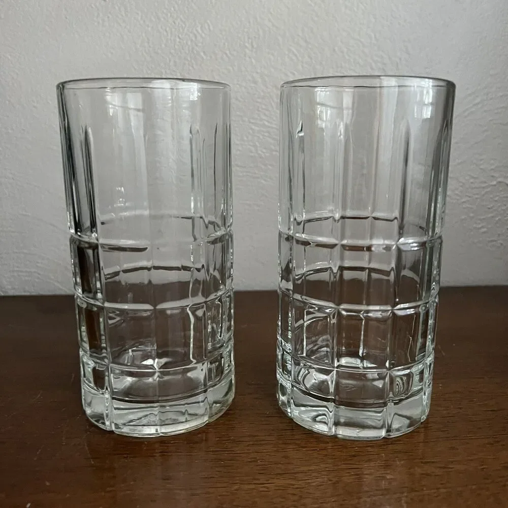 Anchor Hocking Lot of 2 Tall Glasses Tartan Plaid Iced Tea High Ball MCM